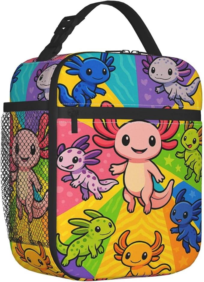 Colorful Axolotl Lunch Bag for Women Men Adults, Insulated Lunch Box for Work, Sports, Travel, Picnic,Hiking, Fishing, Cute Cartoon Salamander Theme Lunchbox Gifts