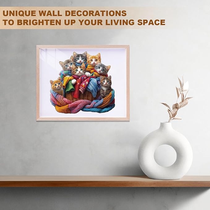 Wooden Puzzles for Adults - Colorful Fabric Cat Wooden Puzzle - Unique Shapes Wooden Jigsaw Puzzles for Adults - Eco-Friendly Home Office Decor (11.4 * 10.9in)