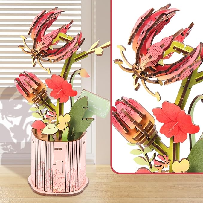 Insgen 3D Wooden Flower Puzzle for Adults, 3 Flowers Bouquet Building Sets, Wooden Flower Kit DIY Botanical Art Craft Model Kit Home Décor for Lovers Nature Enthusiasts