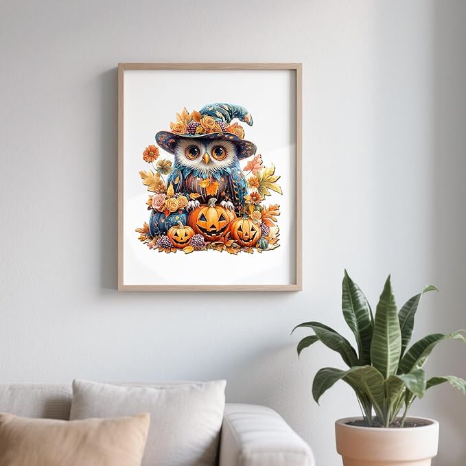 Wooden Puzzles for Adults - 268 Pieces Halloween Owl Wooden Jigsaw Puzzle - Unique Animals Shape Wood Cut Puzzles - Eco-Friendly Home Office Decor (L-13.3 * 12.4in)