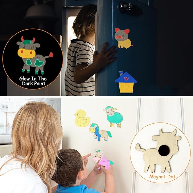 LARDUX Farm Animal Party Favors, 24PCS DIY Wooden Arts & Crafts Painting Kit for Kids Ages 4-8 8-12, Glow in The Dark Party Favors Family Crafts Birthday Party Christmas Gifts Toys for Boys Girls