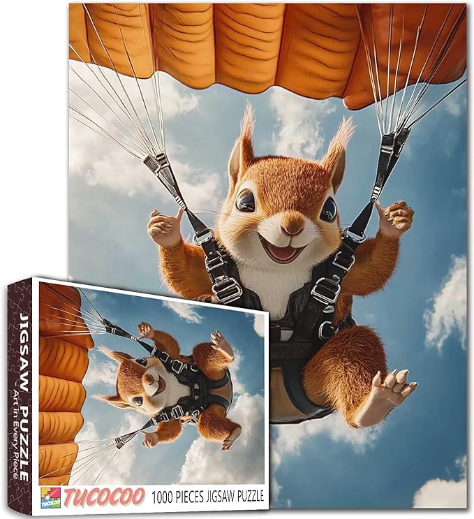 Red Squirrel Parachute Skydiving Jigsaw Puzzles for Adults 1000 Pieces, Extreme Sports for Animals Jigsaw Puzzle Art for Challenging Family Activity Game Colorful DIY Crafts Puzzle Wall Decor Gifts