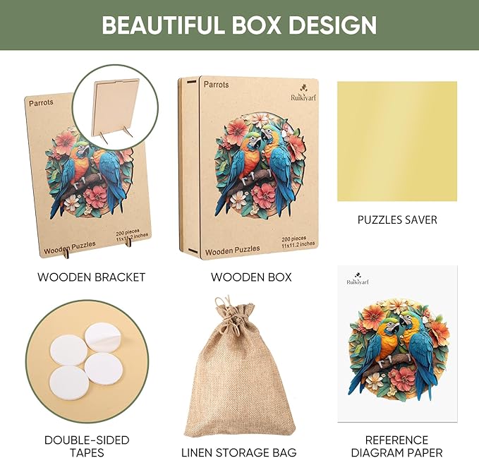 Ruikiyart Wooden Puzzles for Adults, 5MM 200 Pieces Parrots Wooden Jigsaw Puzzles, Birds Unique Shaped Puzzle Gifts for Adults and Kids on Thanksgiving, Challenging Family Puzzle Games (11"*11.2")