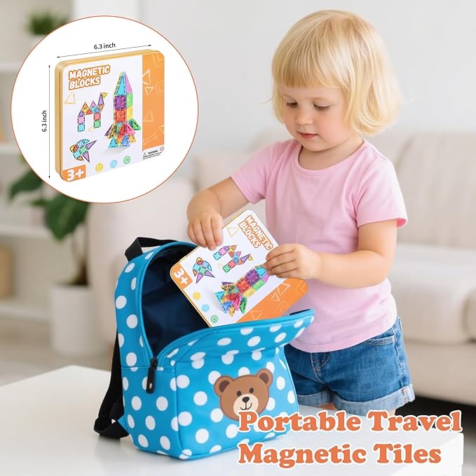 60 PCS Mini Magnetic Tiles, Travel Magnetic Tiles Magnetic Building Blocks with Iron Box, Portable Travel Toys for Kids Ages 4-8, STEM Learning Educational Construction Travel Toys for Toddlers 3+