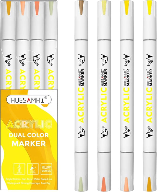 Dual Tip Brush Markers, 4 Pack Double Ended Acrylic Paint Pens - Permanent Water-Based for Rock Painting, Wood, Metal, Ceramic, Glass, Crafts & Kids Art Assorted Colors