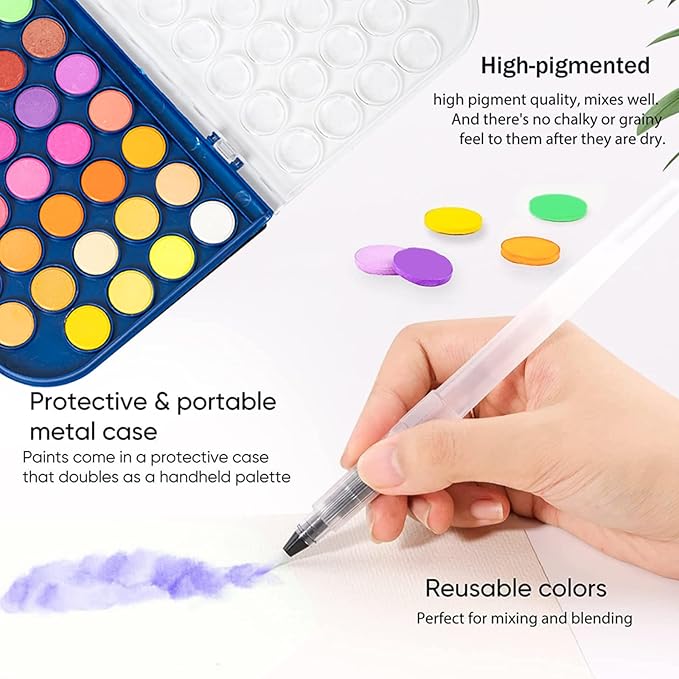 Watercolor Paint Set, 48 Colors Non toxic Watercolor Paint with a Brush Refillable a Water Brush Pen and Palette, Washable Water Color Paints Sets for Kids