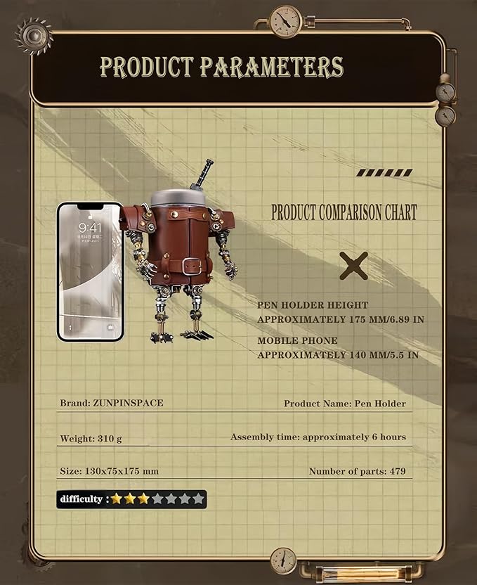 Adult 3D Metal Puzzle, Steampunk Style Pen Holder Metal Model Set, 3D Metal Puzzle Mechanical Pen Holder Building Blocks, DIY Mechanical Model Set, a high-end Gift for Men