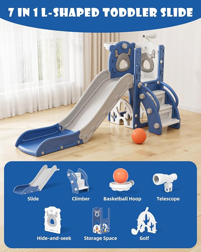 XJD 7 in 1 Toddler Slide, Kids Indoor Slide for Toddlers 12 to 36 Months, New Upgrade with Golf, Basketball Hoop for Indoor Outdoor Playset,Toddler Playground (Blue Gley)