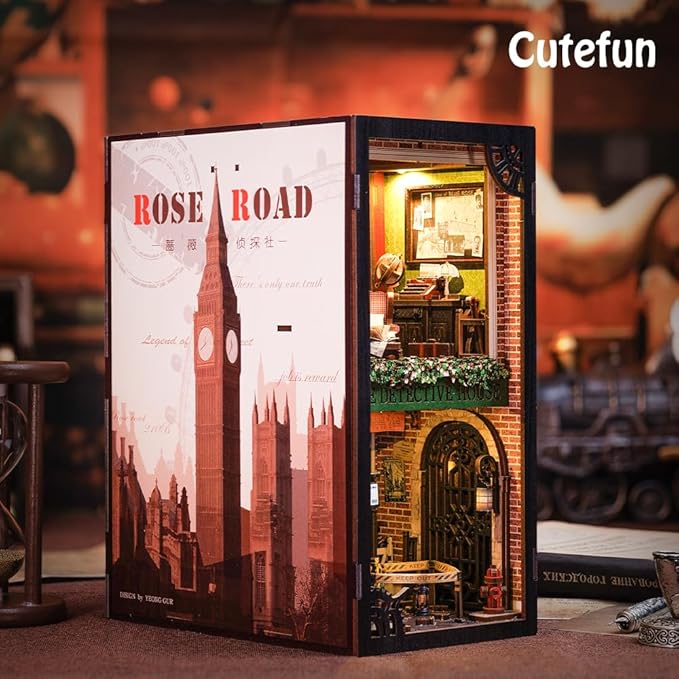 Cutefun Book Nook Kit, DIY Miniature Dollhouse Booknook for Adults, 3D Wooden Puzzle Bookend Bookshelf Insert Decor with LED Light, Gift for Craft Lovers (Rose Detective Agency)