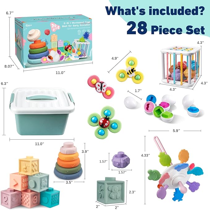 6 in 1 Baby Toys 6 to 12 Months, Montessori Toy for Toddlers 1-3, Infant Teething Babies Toy Stacking Blocks Rings Pull String Toy Sorter Sensory Bin