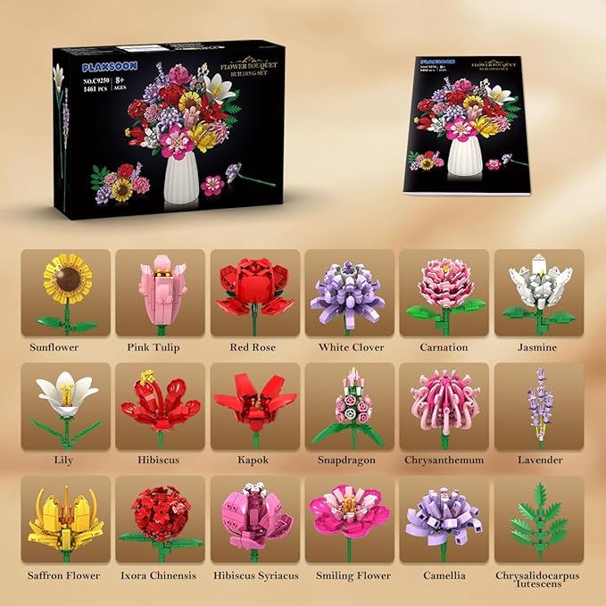 Flower Bouquet Building Set, 1464 PCS Botanical Collection Building Block Toy, 18 Flowers Rose Sunflower Home Plant Decor, Birthday Gifts for Adults Women Boys Girls 8-12+