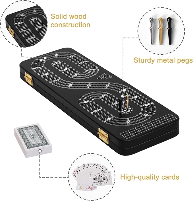 Cribbage Board Game Set 3 Tracks, 2 Storage Area, with 9 Metal Pegs,2 Decks of Playing Cards and Instruction, Wooden Travel Portable Cribbage Game Sets
