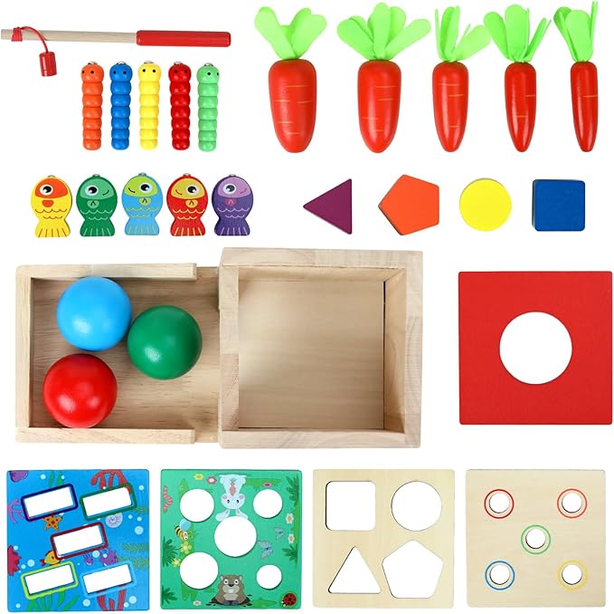 5 in 1Wooden Montessori Toys Toddlers Play Kit,Object Permanence Box,Carrot Harvest,Educational Learning Motor Skill Toys for Kids Ages 3-8