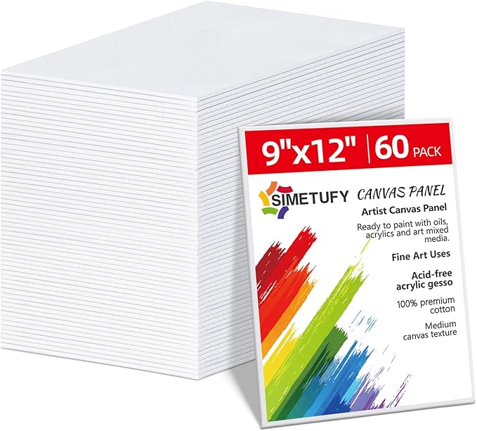 Simetufy 9 x 12 inch 60 Pack Painting Canvas Boards- Gesso Primed Acid-Free 100% Cotton Canvas Panels for Acrylics Oil Watercolor Tempera Paints