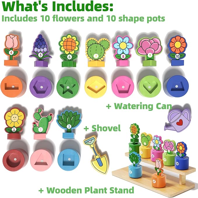 GJZZ Montessori Shape and Color Sorting Toys - Wooden Pretend Play Gardening Set with Stand for 2 3 Year Old Girls Boys, Number Cognition for Toddler Kids, Fine Motor Skills