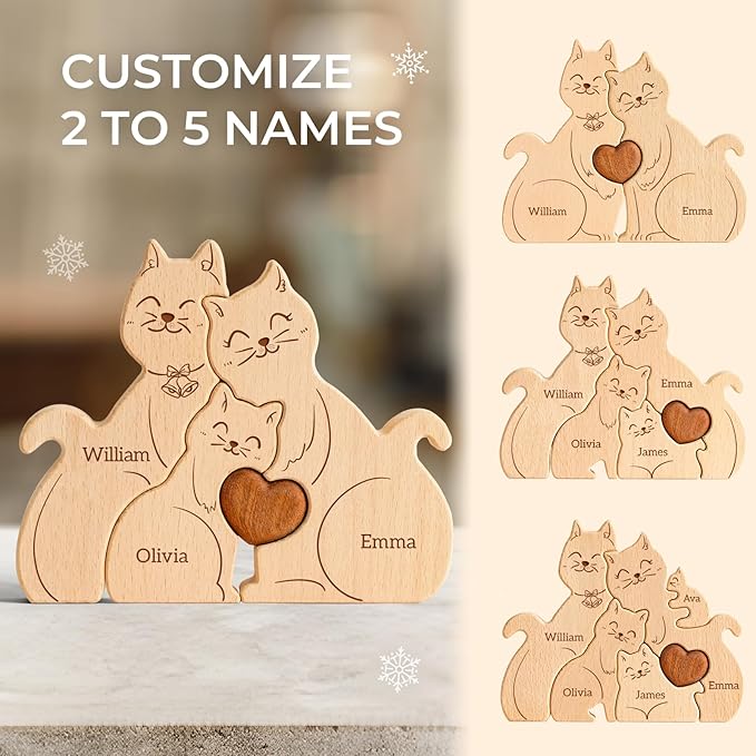 Wooden Mommy Cat Family Puzzle, Personalized Puzzles with 2-5 Names, Mothers Day Birthday Personalized Gifts for Mom Dad Grandma Kids Boys Girls Toddler, Christmas Thanksgiving Decor