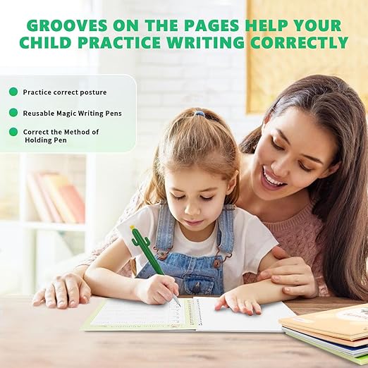 Magic Groove Practice Copybook for Kids, Reusable Writing Practice Book, Grooved Handwriting Book Set for Kids Ages 3-8 Calligraphy 5.59 * 7.91 (5 Medium Books with Cactus Pens & Gift Box)