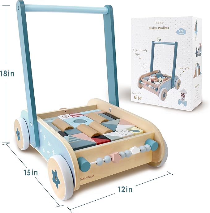 PairPear Wooden Baby Walker with Blocks & Brake – Montessori Push Cart, Adjustable Speed, Anti-Slip Wheels, Gift for 1-3 Y Boys & Girls