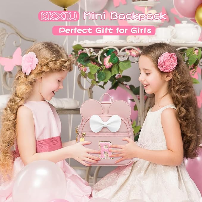 KKXIU Girls Initial Bowknot Cute Mini Backpack for Toddler, Travel Small Girl Backpacks, Personalized Trendy Stuff Gift for Little Girls and Kids(R, Pink)