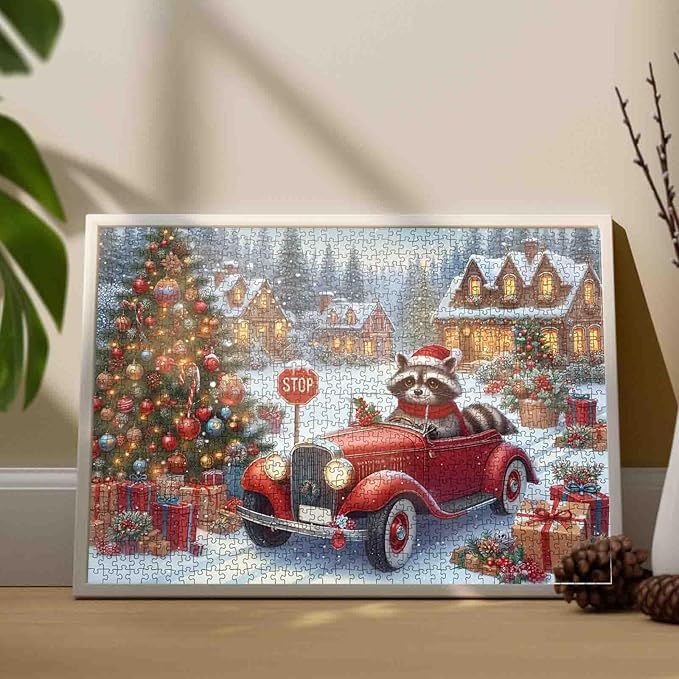 Christmas Puzzle 1000 Pieces - Winter Snow Scene Holiday Painting Jigsaw Jigsaw(Raccoon,Red Car,Wooden House,Animal,Snowy village,Christmas Trees)for Adults Kids Family Fun,Home Decor Friendship Gift