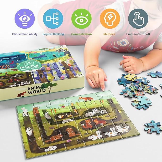 Puzzles for Kids Ages 3-5, 4 Pack 4-Difficulty-Level Puzzle with 12 16 24 32 PCS, Color-Zones on Back, 4-in-1 Progressive Animals World Jigsaw Toy Gift for Age 3 4 5 6 Year Old Boys Girls