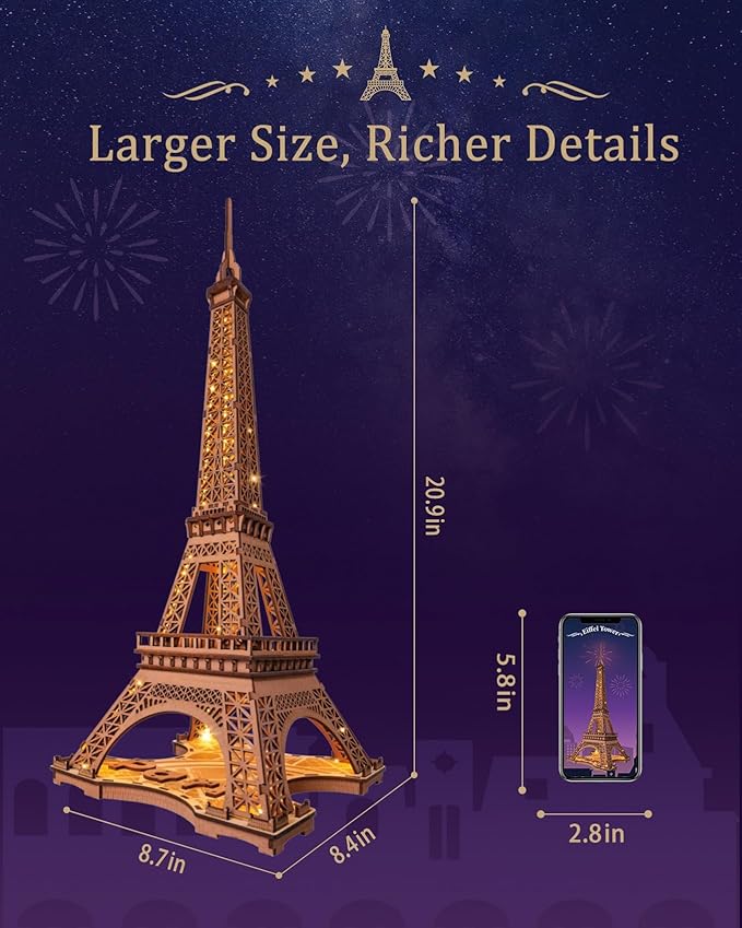 Rolife 3D Wooden Puzzles for Adults, Large Eiffel Tower Set-LED Model Building Sets, Paris Architecture Kits as Home Decor Gift Ideas for Women and Men.