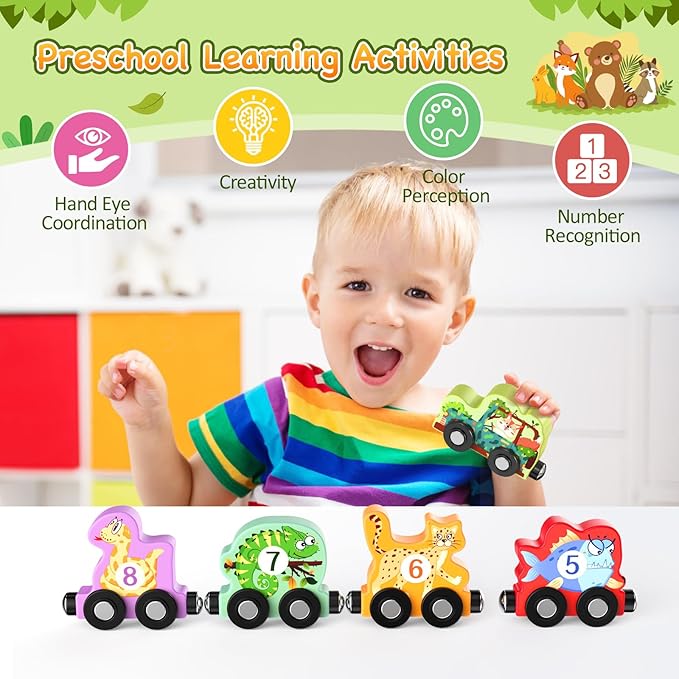 Toys for Toddlers, 11 Magnetic Wooden Animals Train Set, Montessori Toys for Toddlers, Learning Activities, Sensory Activities for Kids, Birthday Gifts for Boys, Girls