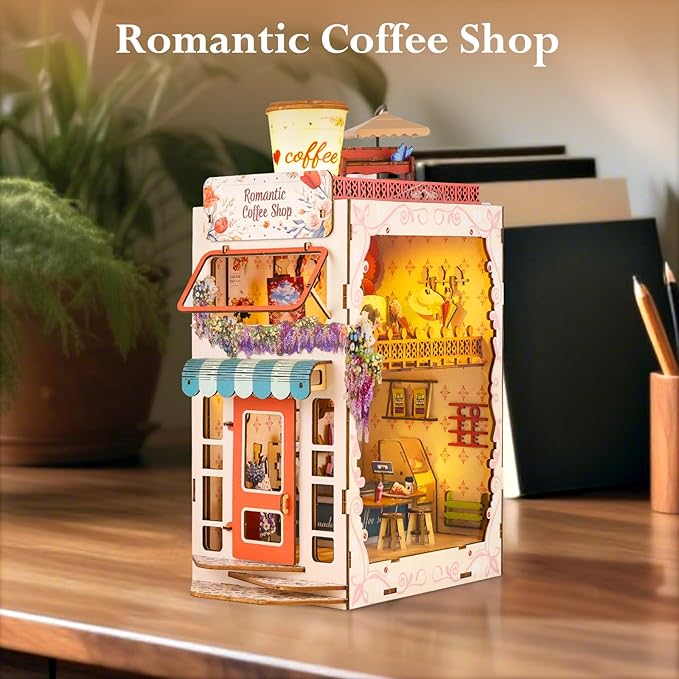 Book Nook Kit,Coffe House Miniature House Kit for Teens and Adults,3D Wooden Puzzle Tiny House Booknook Bookend Bookshelf Decor Model Build.（Romantic Coffee House）