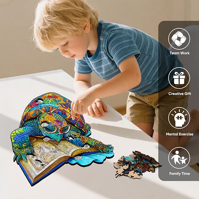 Wooden Puzzles for Adults, 207 Pieces Reading Turtle Wooden Jigsaw Puzzles, Animal Puzzle Unique Shaped Gift for Adults and Kids on Birthday, Thanksgiving, Family Puzzle Games (11''x11.2'')