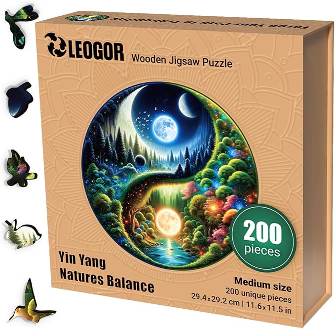 LEOGOR Wooden Jigsaw Puzzles for Adults 200 Pieces (11.6 × 11.5 in), Yin Yang Puzzle, Extra-Thick 5mm Round Wood Puzzle with Unique Shapes, Relaxing, Artistic Gift for Adults and Teens