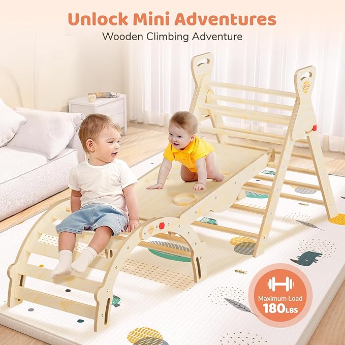 Pikler Triangle Set 7-in-1 Foldable Montessori Wooden Climbing Toys for Toddlers 1-5 Years Indoor Jungle Gym with Slide, Arch Ladder & Ramp Solid Wood Baby Activity Climber