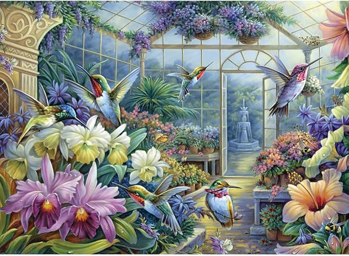 Bits and Pieces – 300 Piece Jigsaw Puzzle for Adults – Antique Greenhouse - Hummingbirds, Flowers, Butterflies - Jigsaw Puzzle by Oleg Gavrilov, Completed Puzzle Size: 18" x 24"