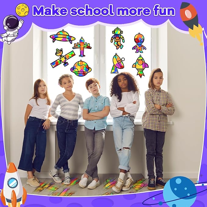 32 Sets Outer Space Suncatchers Craft Kit DIY Window Stained Glass Effect Planet Astronaut Alien Paper Crafts Home School Classroom Decoration Kid Birthday Gift Creative Art Project Activity Game