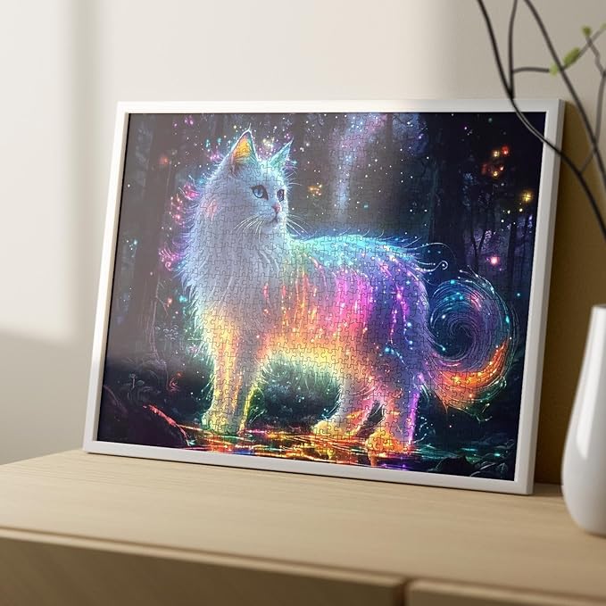 1000 Piece Jigsaw Puzzle-Shiny White Cat Puzzles 1000 Pieces for Adults,Huge Glowing Cat Colorful Light Spots Puzzles for Adults 1000 Pieces Dreamy Animal Puzzles Beautiful Wall Decor