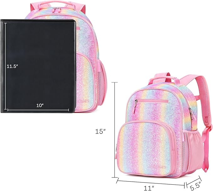 mibasies Girls Backpack 5-8: Glitter Kids Backpacks for Girls - Girl Bookbag for Elementary School - Rainbow Pink