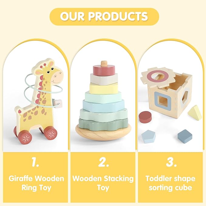 FReniland Montessori Toys for 1 Year Old，3-in-1 Wooden Baby Toys，Wooden Stacking Toy，Toddler Shape Sorting Cube, Giraffe Ring Toy,Newborn Baby Gift Sets for Boys and Girls