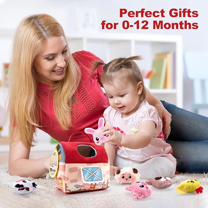Baby Toys 6-12 Months - Surprise Barn Stuffed Farm Animals, Mirror, Rattle, Montessori Toys for 6 Month Old Babies Sensory Balls Toddlers 1-3 Soft Barn Toy Plush Animal House Christmas Birthday Gifts