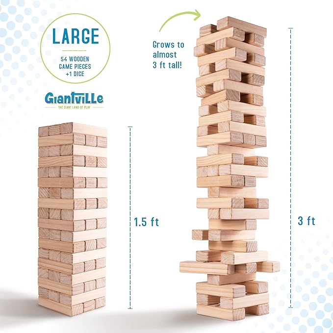 Giantville Giant Tumbling Timber Toy - Premium Pine Wood Life-Size Blocks Tower - Big Floor/Board Indoor/Outdoor Yard Game for Kids & Adults - 54-Pieces + Dice + Carry Bag - Grows to Almost 3-Feet