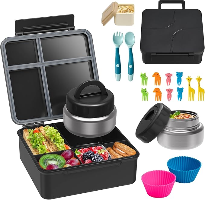 Bento Lunch Box with 9.5 oz Soup Thermo, Kids Leakproof 4 Compartments Bento Box with Silicone Cupcake,Fruit Fork,Spoon and Sauce Cup,Insulated Food Jar for School Travel-Black