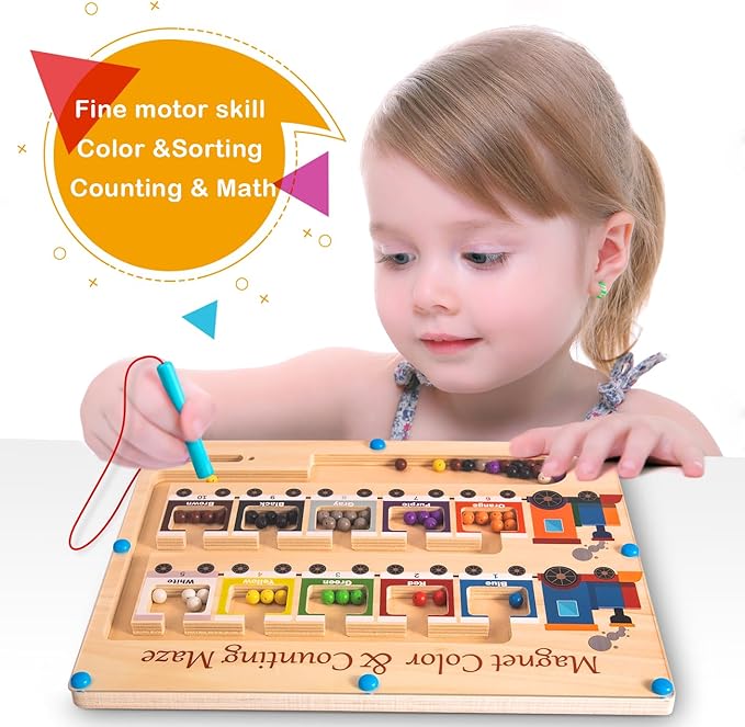 Magnetic Color and Number Maze Board Wooden Montessori Fine Motor Skills Toys for 2 3 Year Old Preschool Learning Activities Classroom Must Haves Sorting Travel Toys for Toddlers 1-3 2-4 Boys Girls