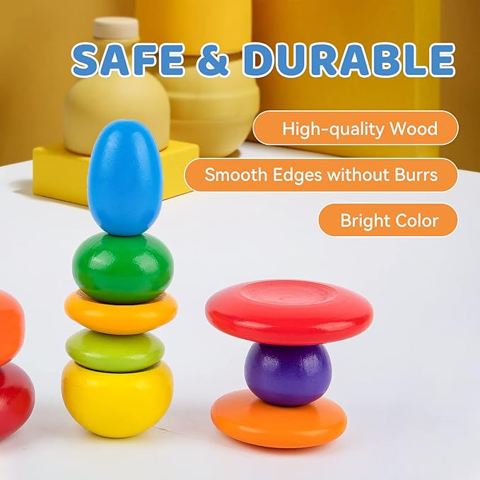 WODI Wooden Rainbow Stacking Stones 10Pcs Multi-Style Wood Sorting Balancing Rocks Blocks Montessori Educational Toys for Toddler Kids 3 Years Up Developing Skills