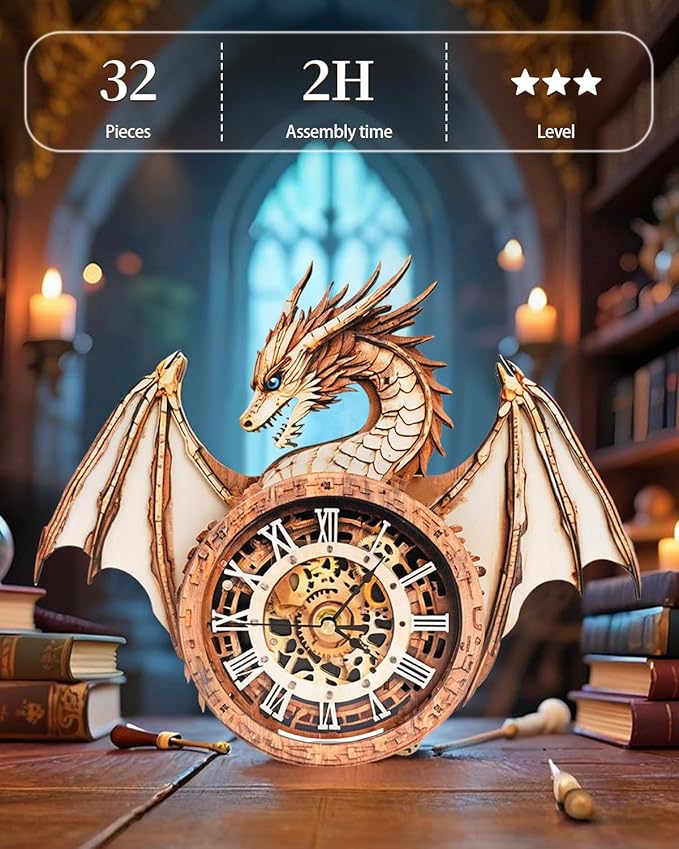 Rnfinewow 3D Wooden Puzzles for Adults, 3D Puzzles Dragon Clock Kit (with Pendulum), Beginners Wooden Puzzle for Adults Teens Home Wall Decor Clock Gifts for Men Women