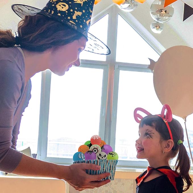 40 Glow in The Dark Bouncing Balls, 8 Halloween Theme Designs, Party Favor Supplies, Trick or Treating Goodie Bag Filler, School Classroom Game Rewards, Miniatures (with Pouch Bag)