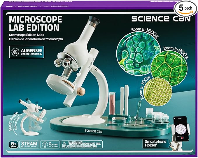 Science Can Microscope for Kids, 1600X Magnification LED Student Microscope with 8 Prepared Slides, Educational Science Lab Toy Great Birthday Gifts, Science Kits for Kids Ages 8-12
