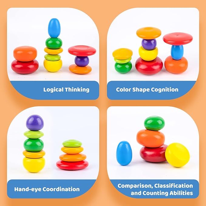 WODI Wooden Rainbow Stacking Stones 10Pcs Multi-Style Wood Sorting Balancing Rocks Blocks Montessori Educational Toys for Toddler Kids 3 Years Up Developing Skills