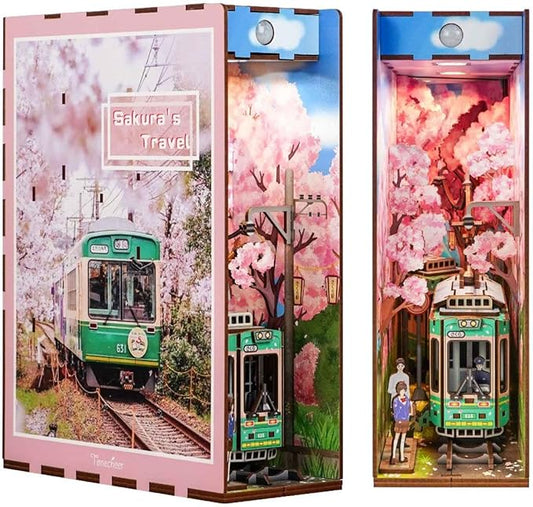 Tonecheer DIY Book Nook Kit for Adults, 3D Wooden Puzzle Bookend Bookshelf Insert Decor Fancy Book, Booknook Miniature House Kit with Sensor LED Light Birthday (Sakura's Travel)