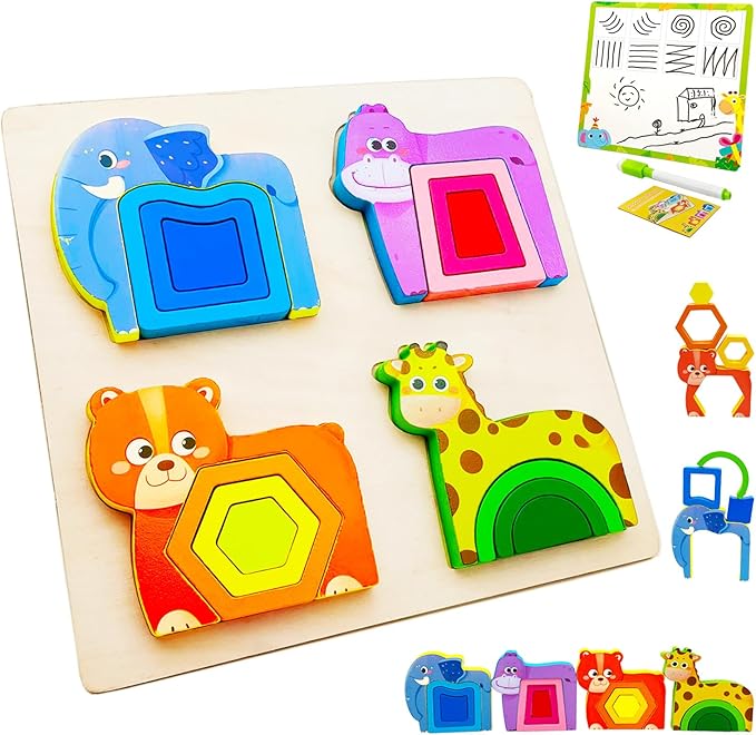 Wooden Montessori Toys for 3 4 Years Old Boys & Girls, Animal Shape Sorter Preschool Learning Toys for Toddlers, Preschool Toddler Puzzles Gift Ideas for Kids (Colored-B)
