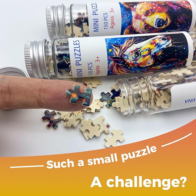 150 Pieces Mini Jigsaw Puzzles for Adults & Kids,6 x 4 Inches,Mini Puzzles,Travel Puzzle,Small Micro Puzzles,Challenging Difficult Puzzle,3 Pack Oil Painting Style Animals