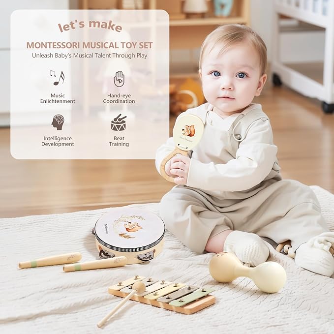 Baby Wooden Montessori Musical Instruments Set for Toddlers - Neutral Colors Percussion Set With Modern Boho Xylophone Tambourine - Educational Toys for Preschool Kids