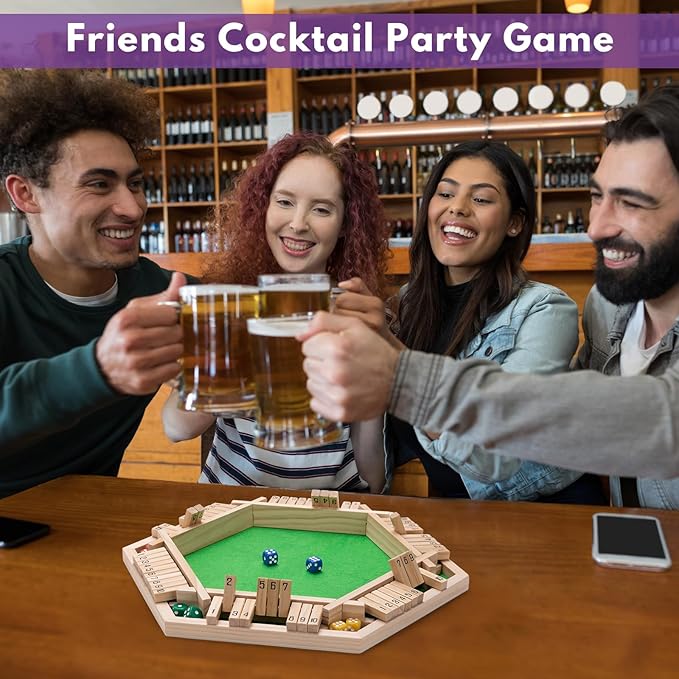 Shut The Box Dice Game - Classic Wooden Tabletop Game for 2-6 Players - Natural Wood Finish Family Board Game for Adults & Kids - Perfect for Parties, Bars, Classroom Math Learning